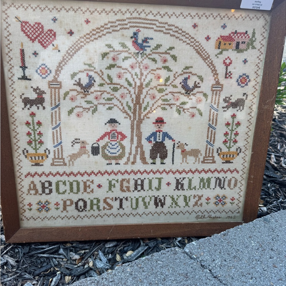 Framed Vintage Cross Stitch Sampler Home Art in Brown and Cream